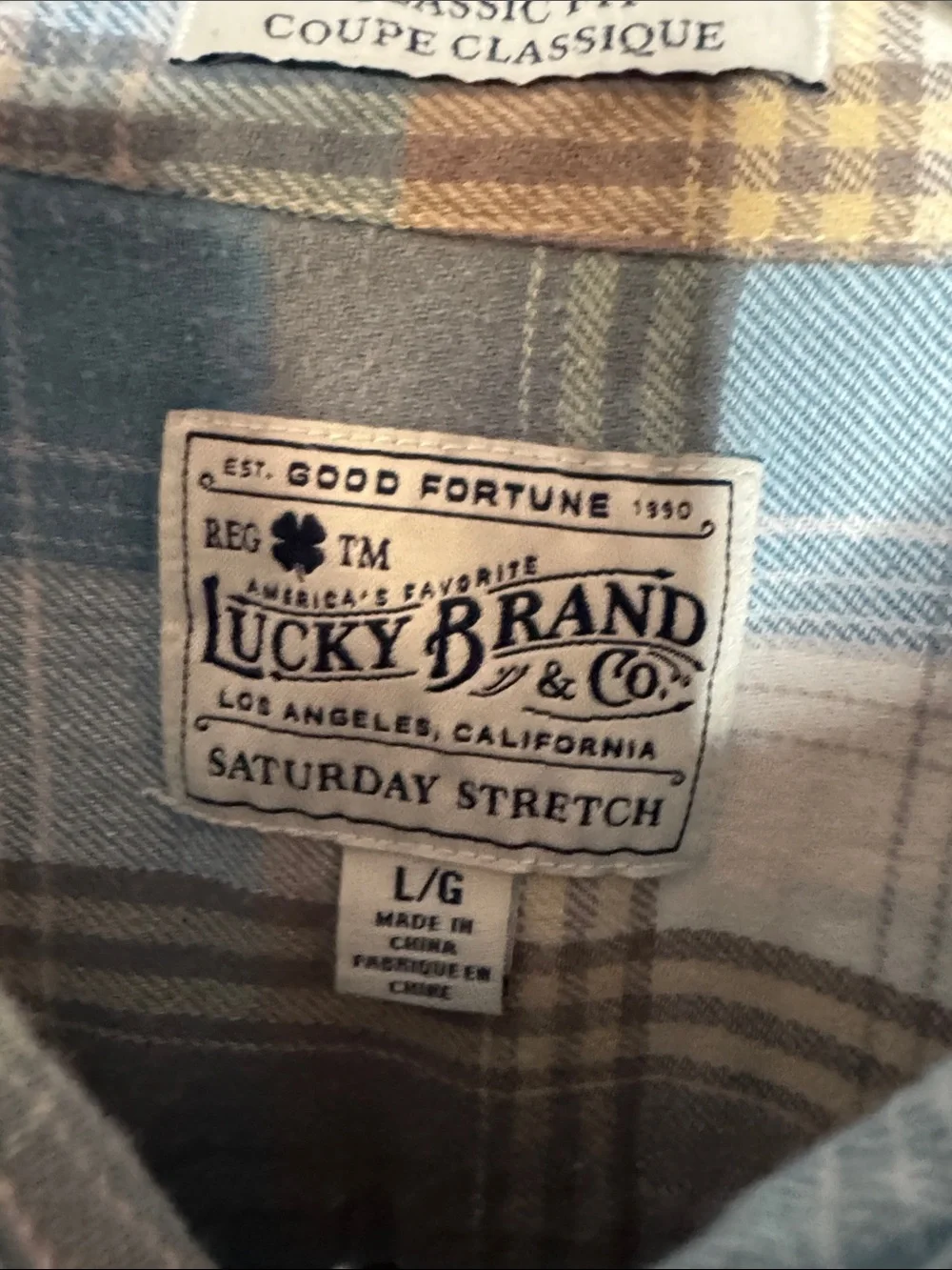 Lucky Brand Blue, Brown & White Plaid Button-Down Shirt large